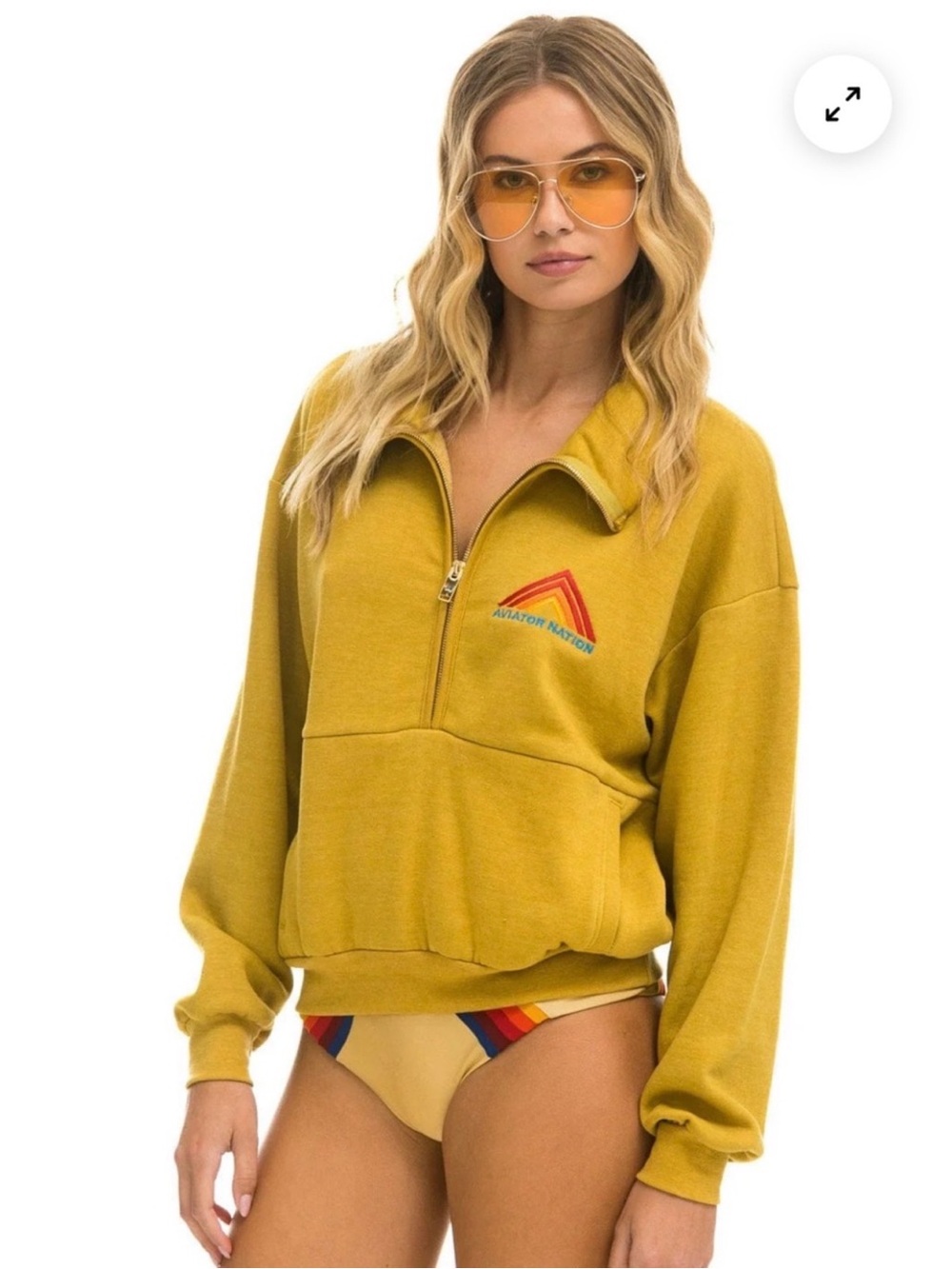 Aviator Nation Mustard Yellow Half-Zip Sweatshirt with Rainbow Logo